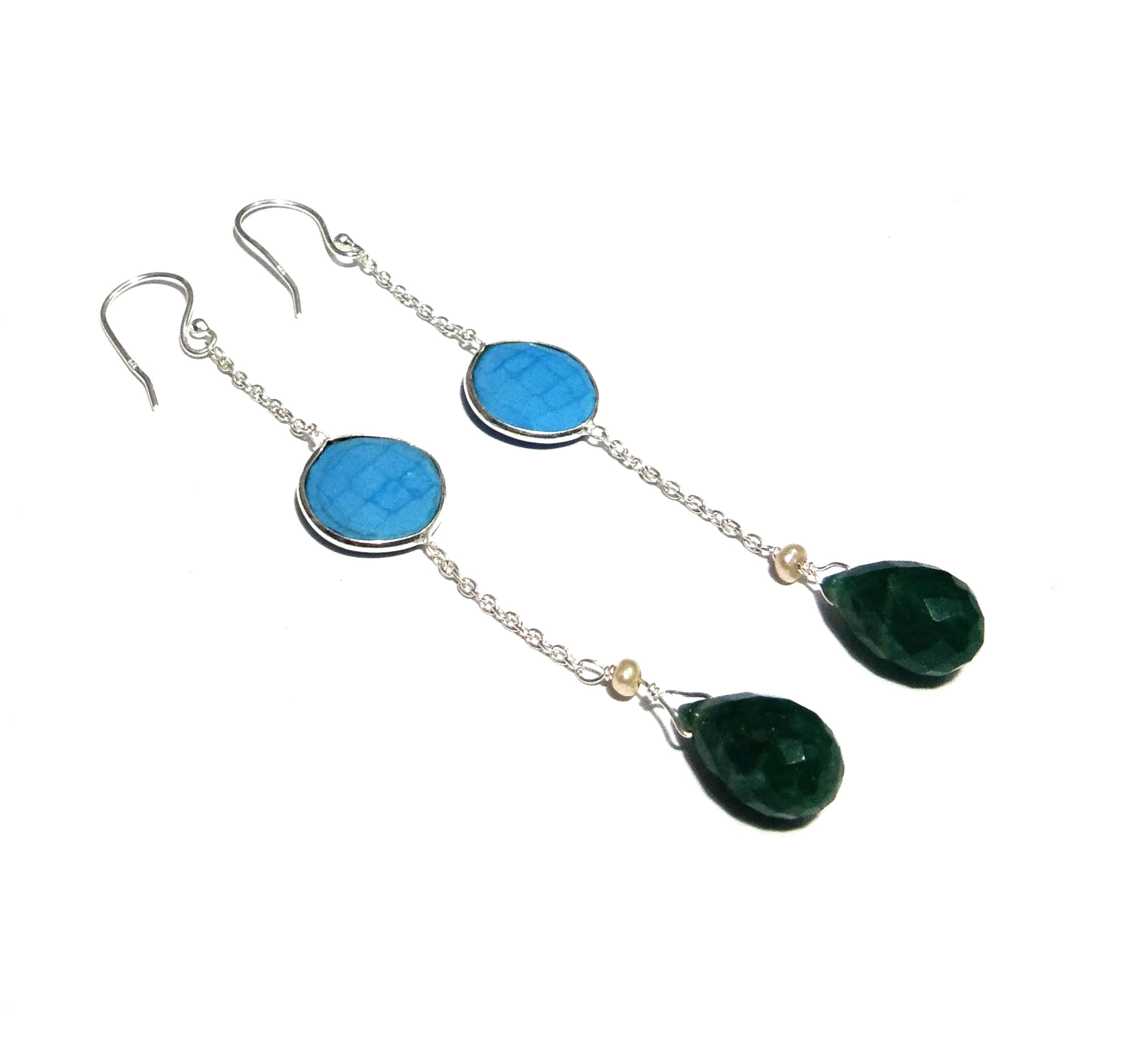 Natural Turquoise,Green Onyx Gemstone Earring, 925 Sterling Silver Earring, Amazing Turquoise Earring, Stone Size 13x13 mm Gift Earring